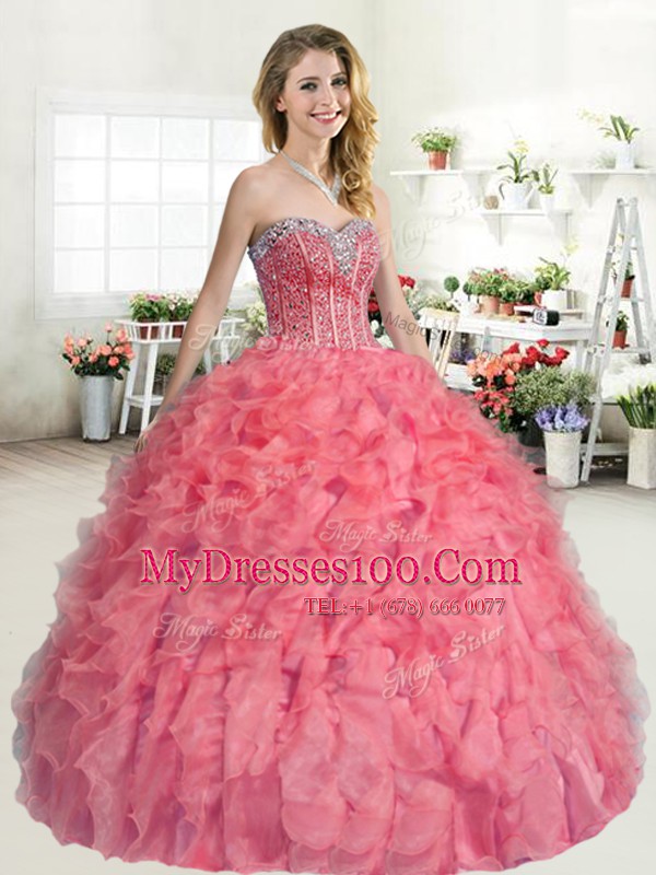 Glamorous Floor Length Lace Up Vestidos de Quinceanera Watermelon Red for Military Ball and Sweet 16 and Quinceanera with Beading and Ruffles