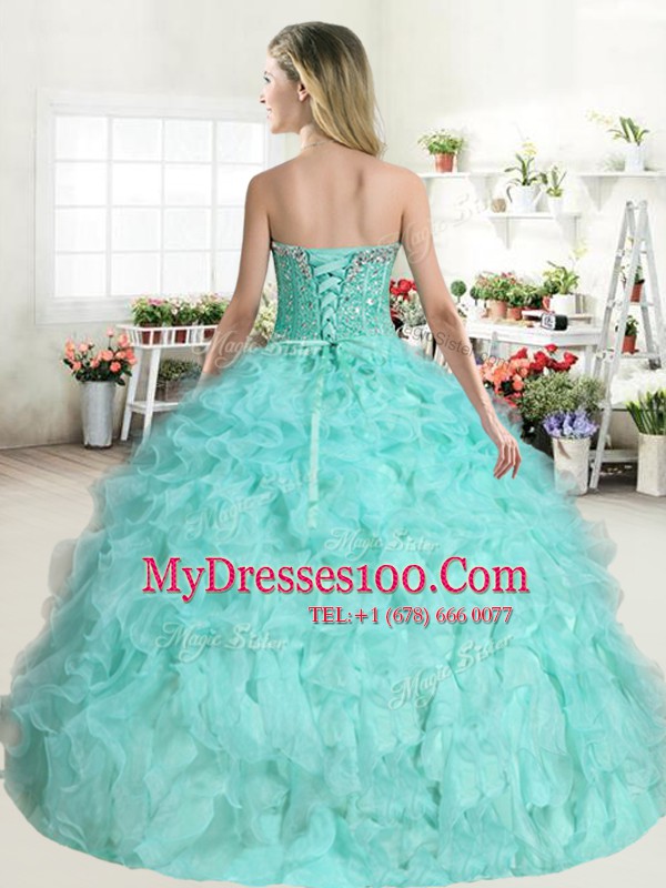 Glamorous Floor Length Lace Up Vestidos de Quinceanera Watermelon Red for Military Ball and Sweet 16 and Quinceanera with Beading and Ruffles