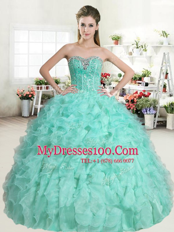 Glamorous Floor Length Lace Up Vestidos de Quinceanera Watermelon Red for Military Ball and Sweet 16 and Quinceanera with Beading and Ruffles