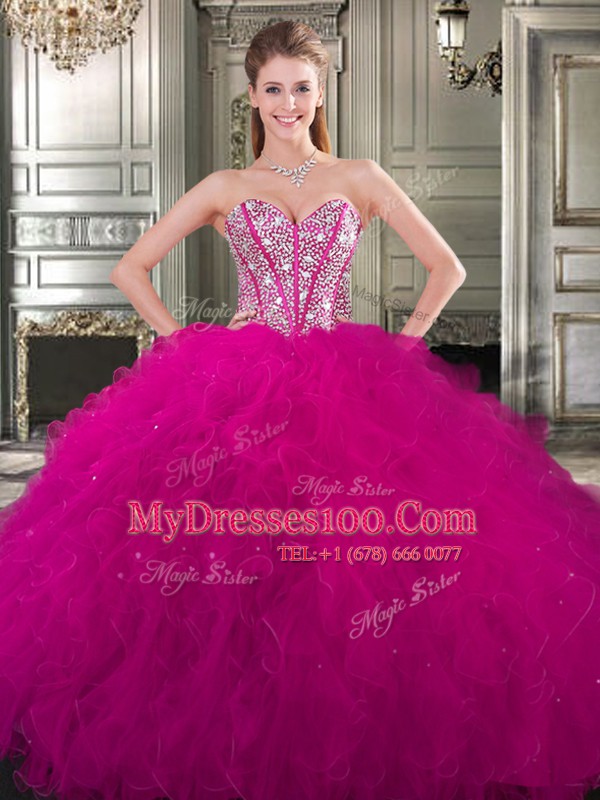 New Arrival Three Piece Sleeveless Tulle Floor Length Lace Up Vestidos de Quinceanera in Fuchsia with Beading and Ruffles