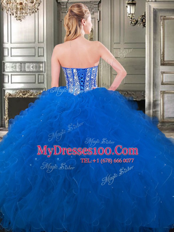 New Arrival Three Piece Sleeveless Tulle Floor Length Lace Up Vestidos de Quinceanera in Fuchsia with Beading and Ruffles