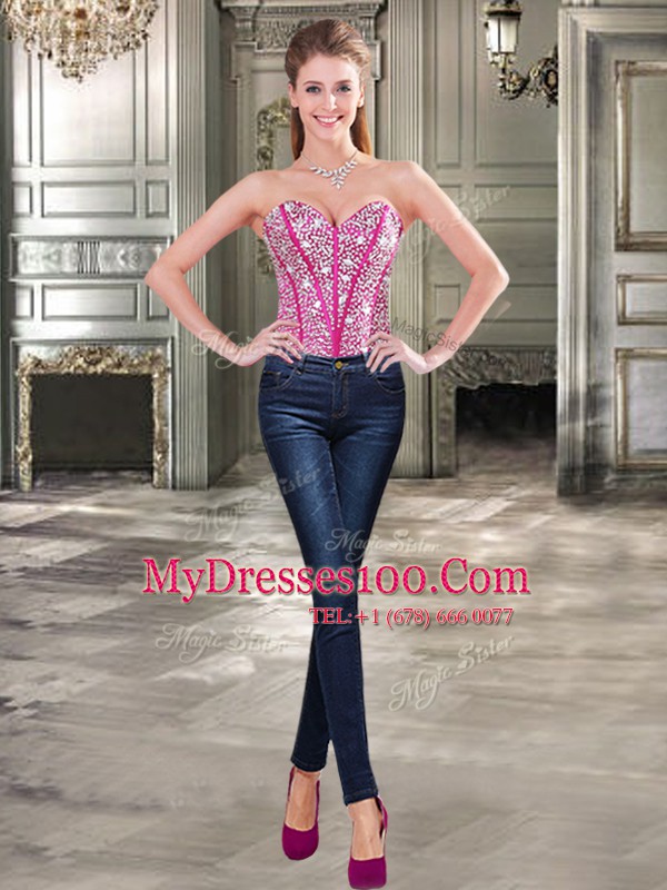 New Arrival Three Piece Sleeveless Tulle Floor Length Lace Up Vestidos de Quinceanera in Fuchsia with Beading and Ruffles