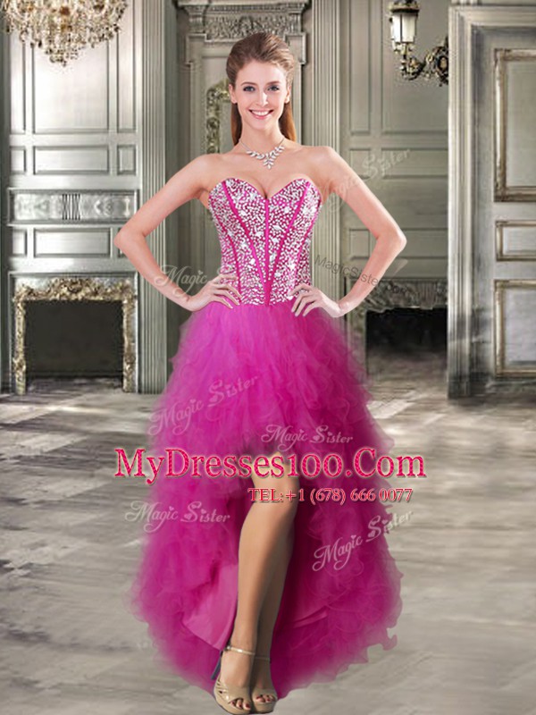 New Arrival Three Piece Sleeveless Tulle Floor Length Lace Up Vestidos de Quinceanera in Fuchsia with Beading and Ruffles