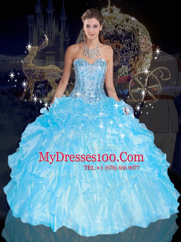 Sleeveless Organza Floor Length Lace Up Quinceanera Gowns in Blue with Beading and Ruffles