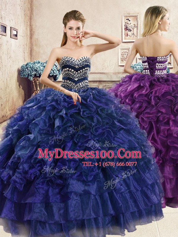 Organza Sweetheart Sleeveless Lace Up Beading and Ruffles Quinceanera Gowns in Navy Blue