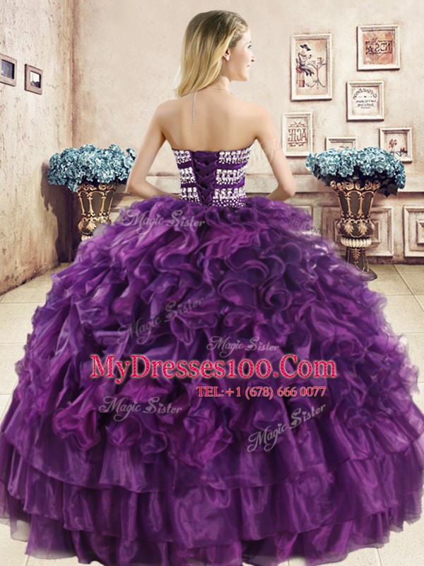 Organza Sweetheart Sleeveless Lace Up Beading and Ruffles Quinceanera Gowns in Navy Blue