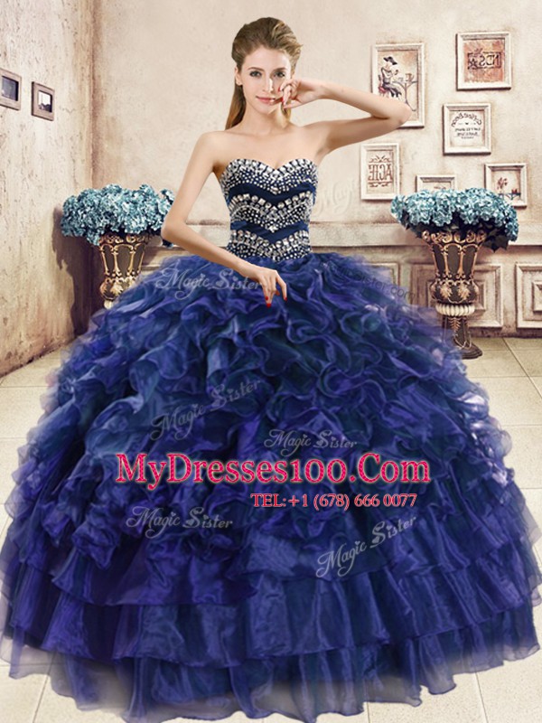 Organza Sweetheart Sleeveless Lace Up Beading and Ruffles Quinceanera Gowns in Navy Blue