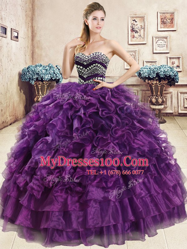 Organza Sweetheart Sleeveless Lace Up Beading and Ruffles Quinceanera Gowns in Navy Blue