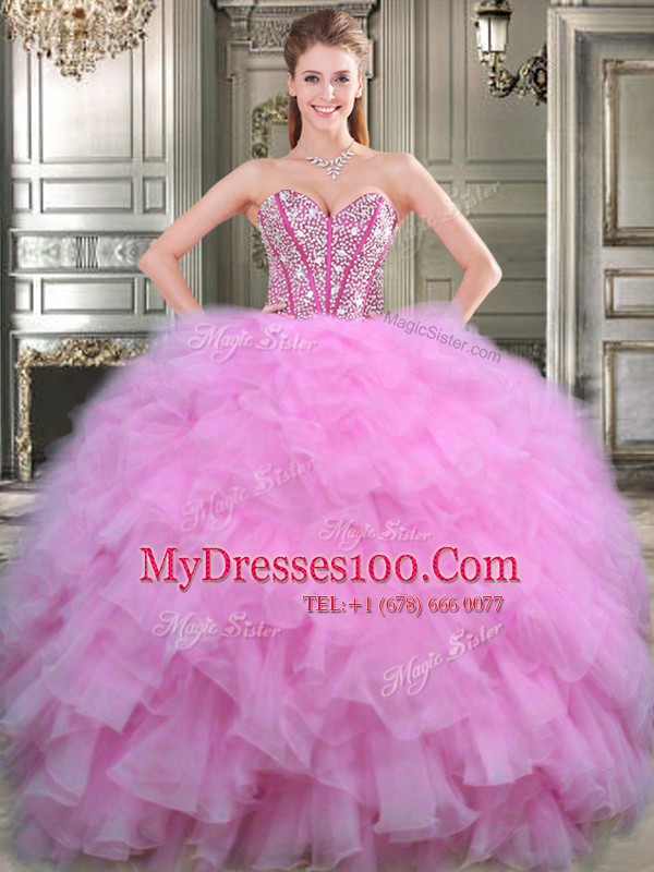 Four Piece Lilac Sleeveless Beading Floor Length Quince Ball Gowns with Jewelry