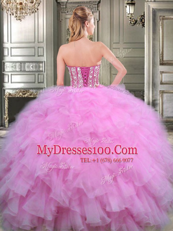 Four Piece Lilac Sleeveless Beading Floor Length Quince Ball Gowns with Jewelry