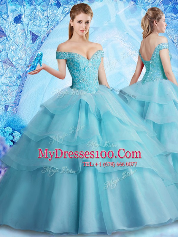 Ruffled Brush Train Ball Gowns Sweet 16 Dresses Aqua Blue Off The Shoulder Organza Sleeveless With Train Lace Up