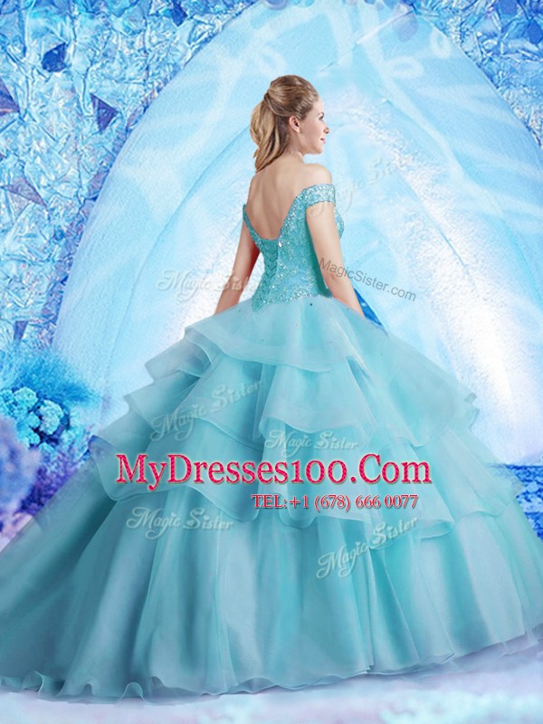 Ruffled Brush Train Ball Gowns Sweet 16 Dresses Aqua Blue Off The Shoulder Organza Sleeveless With Train Lace Up