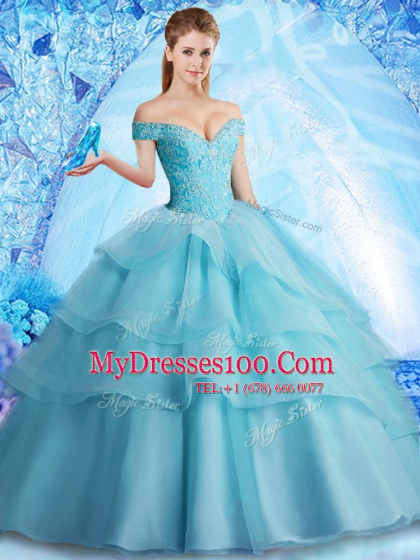 Ruffled Brush Train Ball Gowns Sweet 16 Dresses Aqua Blue Off The Shoulder Organza Sleeveless With Train Lace Up