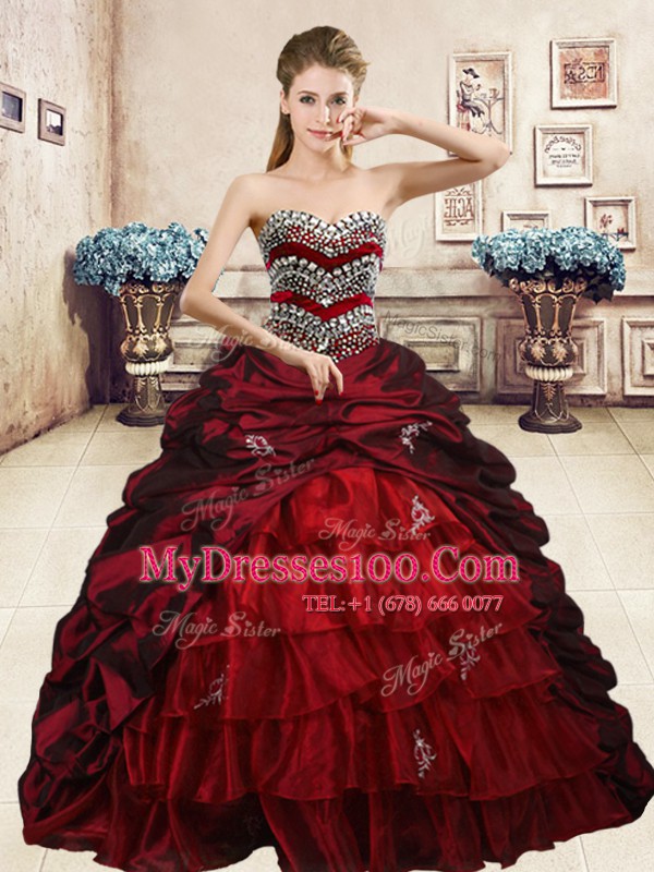 Low Price Pick Ups Ruffled Wine Red Sleeveless Organza and Taffeta Lace Up Quinceanera Dresses for Military Ball and Sweet 16 and Quinceanera