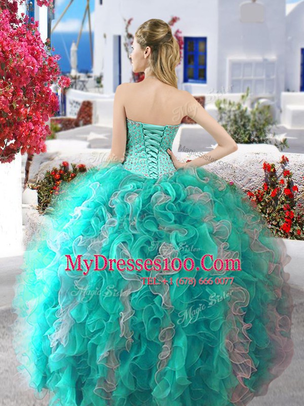 Elegant Three Piece Sleeveless Floor Length Beading Lace Up Vestidos de Quinceanera with White and Red