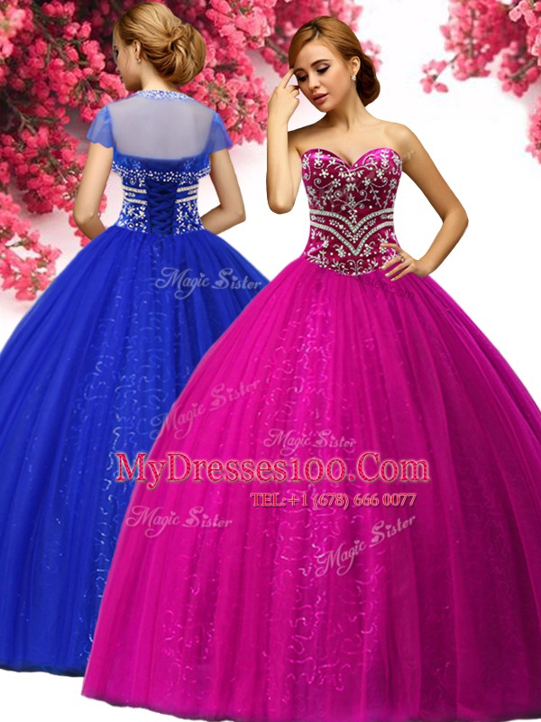 Sleeveless Tulle Floor Length Lace Up Quince Ball Gowns in Fuchsia with Beading