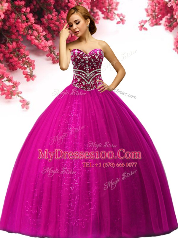 Sleeveless Tulle Floor Length Lace Up Quince Ball Gowns in Fuchsia with Beading