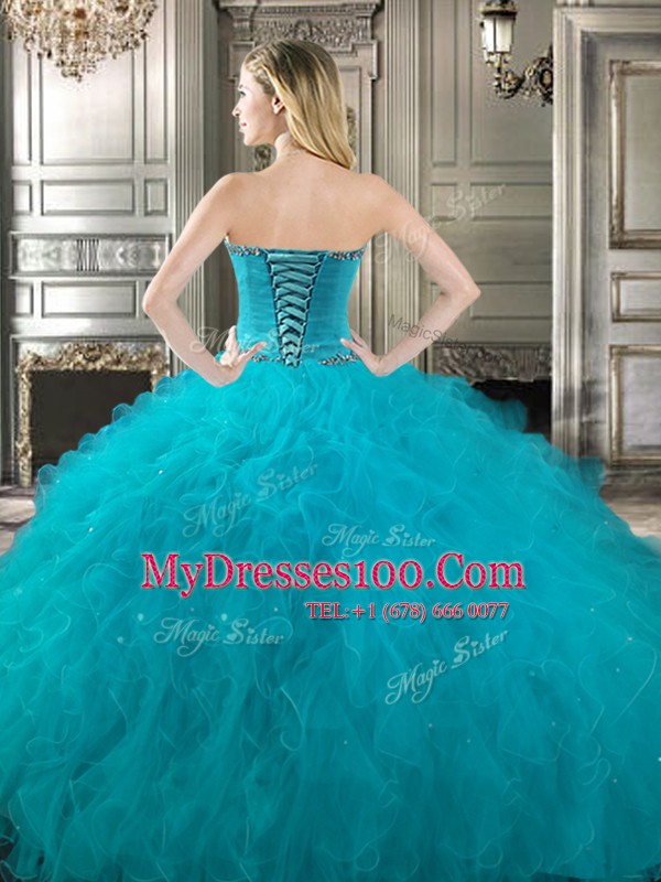Inexpensive Four Piece Floor Length Lace Up Sweet 16 Dresses Teal for Military Ball and Sweet 16 and Quinceanera with Beading and Ruffles