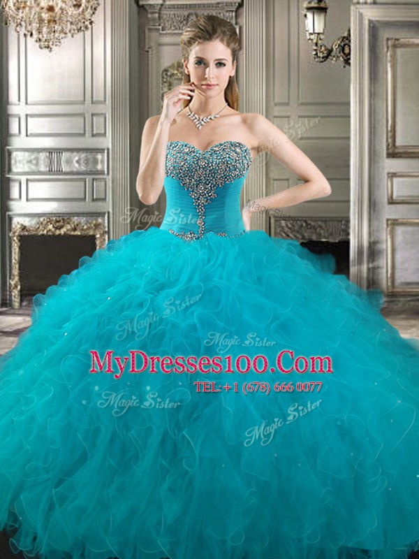 Inexpensive Four Piece Floor Length Lace Up Sweet 16 Dresses Teal for Military Ball and Sweet 16 and Quinceanera with Beading and Ruffles