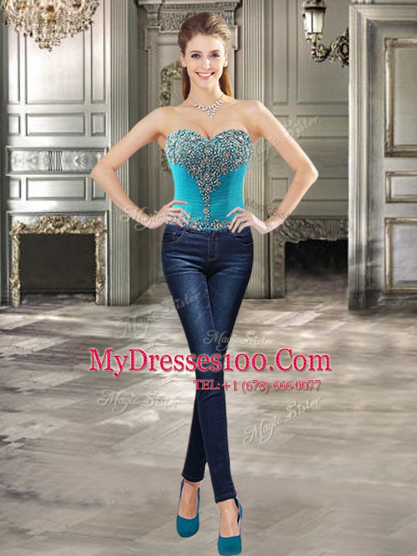 Inexpensive Four Piece Floor Length Lace Up Sweet 16 Dresses Teal for Military Ball and Sweet 16 and Quinceanera with Beading and Ruffles