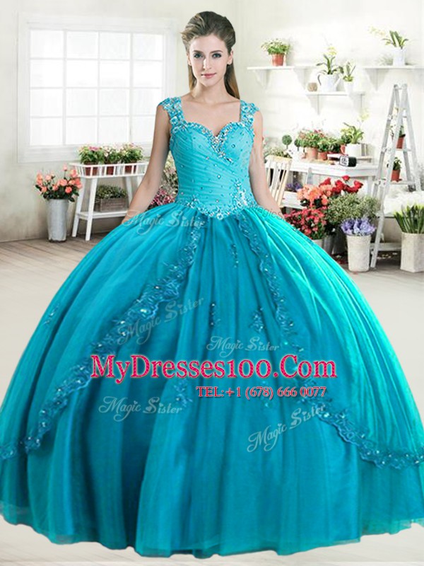 Flare Teal Tulle Zipper Sweet 16 Dresses Sleeveless Floor Length Beading