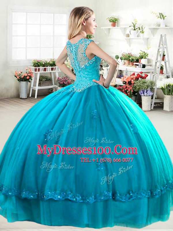 Flare Teal Tulle Zipper Sweet 16 Dresses Sleeveless Floor Length Beading