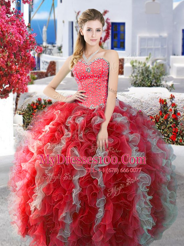 Four Piece Ball Gowns Quinceanera Gown White And Red Sweetheart Organza Sleeveless Floor Length Lace Up