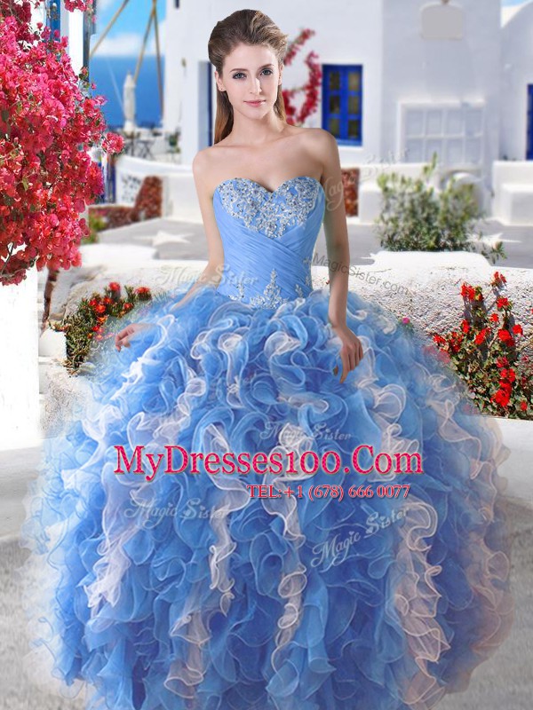 Sumptuous Four Piece Floor Length Ball Gowns Sleeveless Blue And White Quinceanera Dresses Lace Up