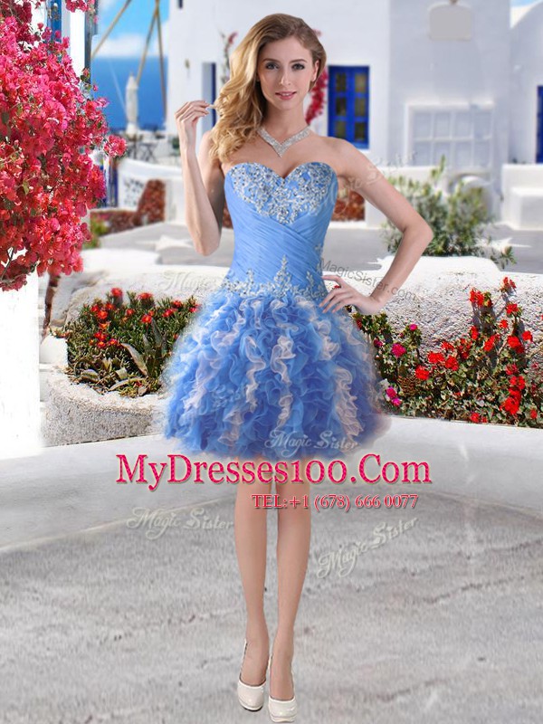 Sumptuous Four Piece Floor Length Ball Gowns Sleeveless Blue And White Quinceanera Dresses Lace Up