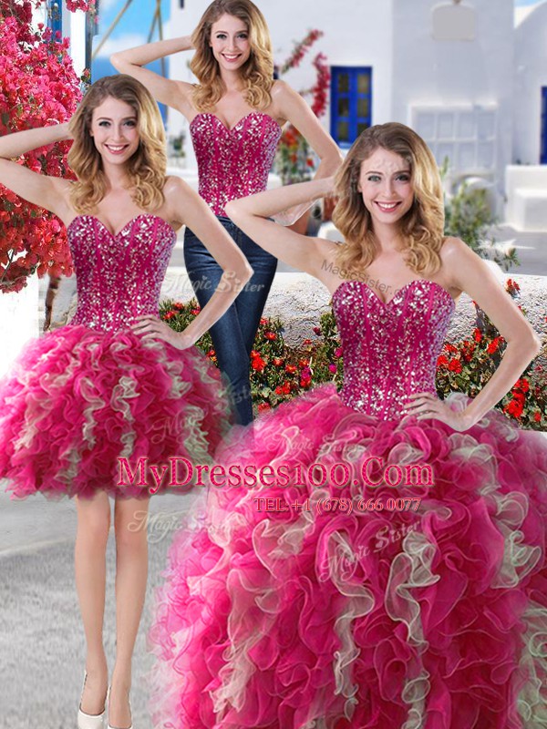 Three Piece Sleeveless Organza Floor Length Lace Up Sweet 16 Dresses in Hot Pink with Beading