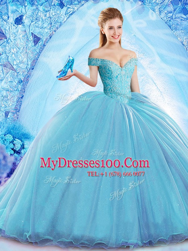 Off the Shoulder With Train Ball Gowns Sleeveless Aqua Blue 15th Birthday Dress Brush Train Lace Up