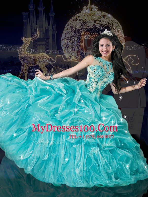 Nice Pick Ups Floor Length Aqua Blue 15 Quinceanera Dress Bateau Sleeveless Lace Up