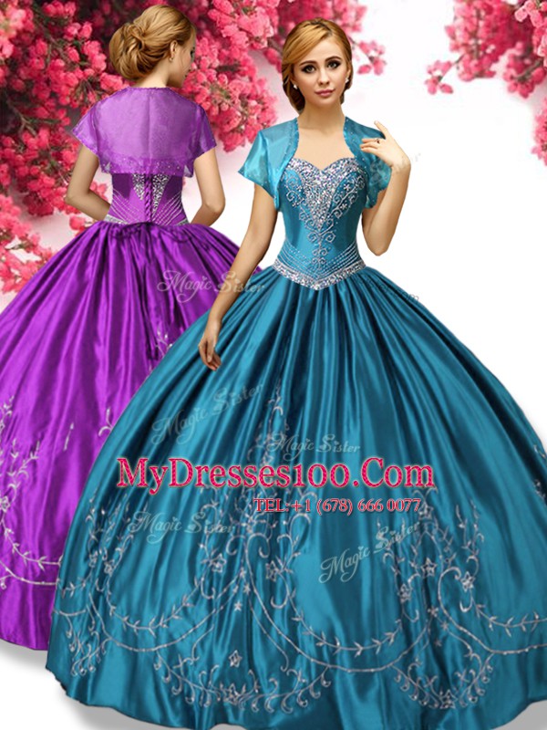 Teal Ball Gowns Taffeta Sweetheart Sleeveless Beading and Embroidery Floor Length Lace Up Quince Ball Gowns
