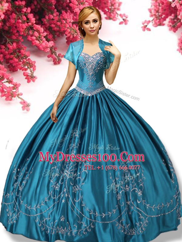 Teal Ball Gowns Taffeta Sweetheart Sleeveless Beading and Embroidery Floor Length Lace Up Quince Ball Gowns