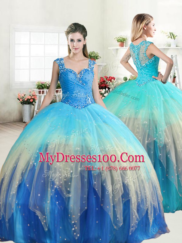 Straps Multi-color Sleeveless Tulle Zipper Quinceanera Dresses for Military Ball and Sweet 16 and Quinceanera