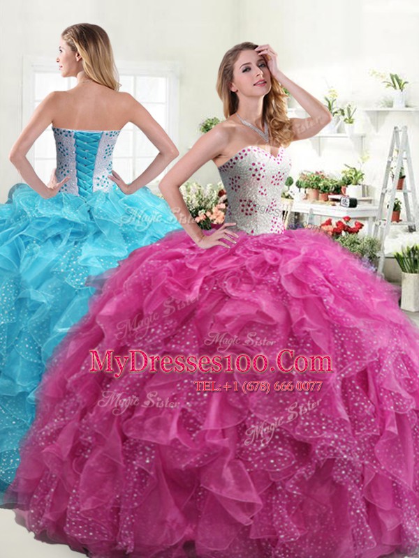 Beautiful Hot Pink Sweetheart Neckline Beading and Ruffles Ball Gown Prom Dress Sleeveless Lace Up