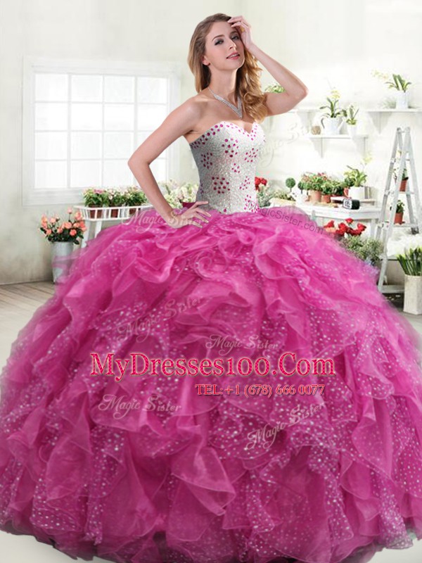 Beautiful Hot Pink Sweetheart Neckline Beading and Ruffles Ball Gown Prom Dress Sleeveless Lace Up