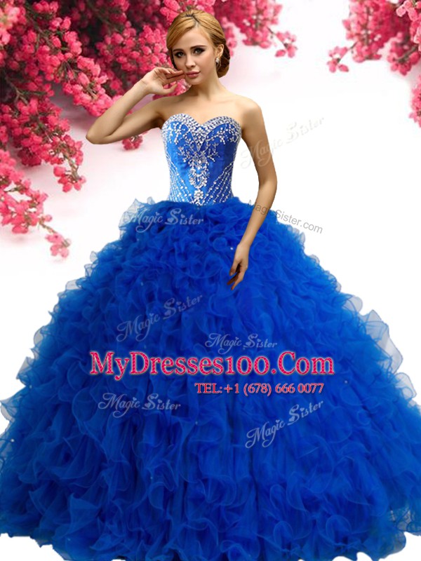Beading and Ruffles 15th Birthday Dress Royal Blue Lace Up Sleeveless Floor Length