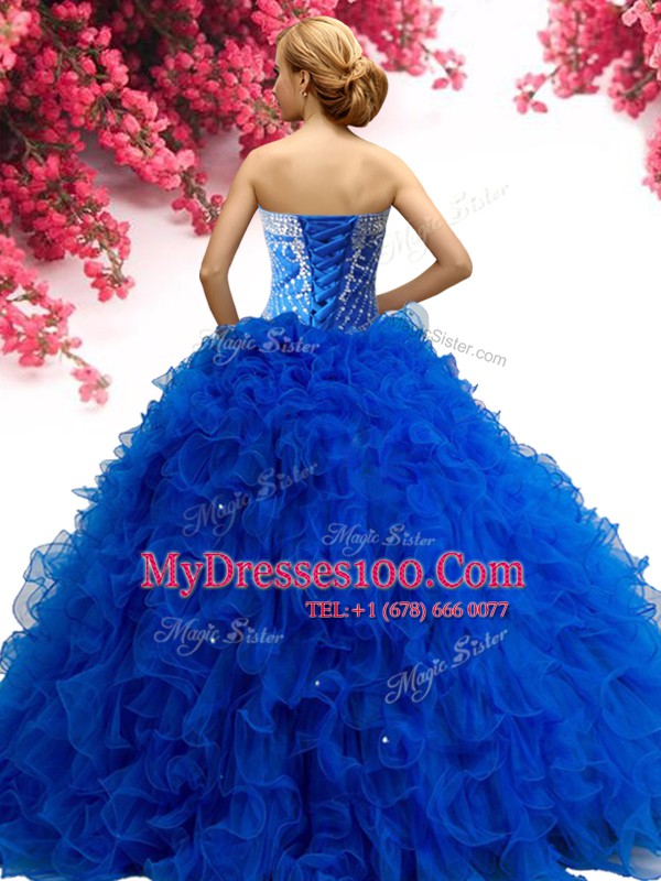 Beading and Ruffles 15th Birthday Dress Royal Blue Lace Up Sleeveless Floor Length