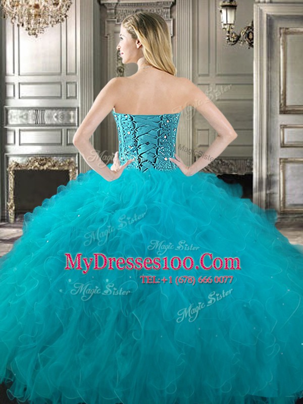 Pretty Three Piece Tulle Sleeveless Floor Length 15 Quinceanera Dress and Beading and Ruffles