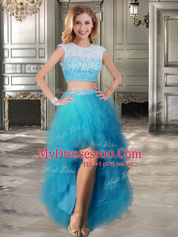 Four Piece Teal Ball Gowns Scoop Cap Sleeves Tulle Floor Length Lace Up Beading and Ruffles Quinceanera Dress