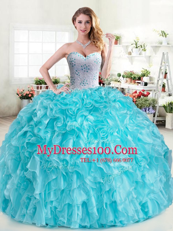 Graceful Aqua Blue Sleeveless Floor Length Beading and Ruffles Lace Up Quinceanera Gown