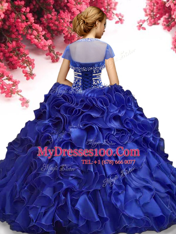 Hot Sale Floor Length Royal Blue Quinceanera Dress Organza Sleeveless Beading and Ruffles