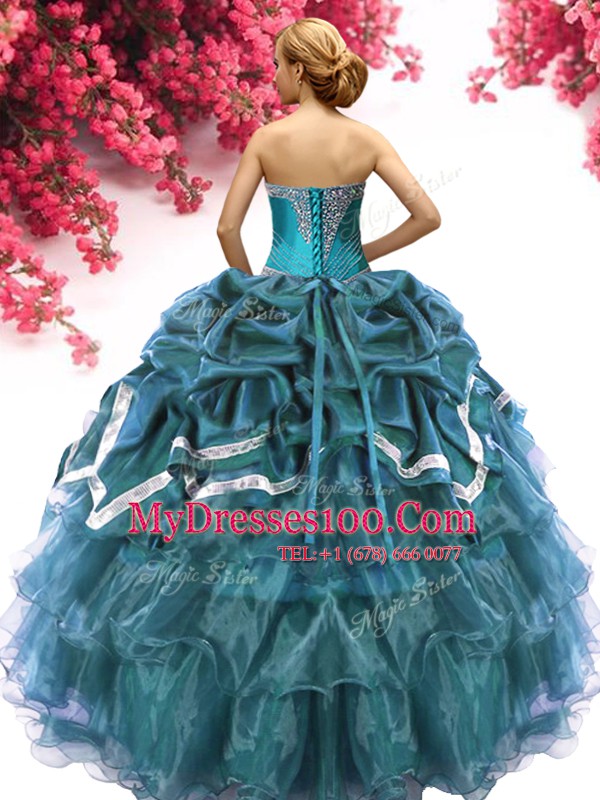 Organza and Taffeta Sleeveless Floor Length Sweet 16 Quinceanera Dress and Beading and Ruffles and Pick Ups