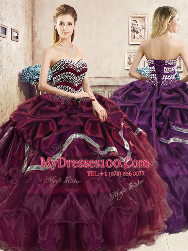 Excellent Floor Length Burgundy and Purple Quinceanera Dresses Organza Sleeveless Beading and Ruffled Layers and Pick Ups