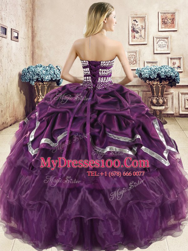Excellent Floor Length Burgundy and Purple Quinceanera Dresses Organza Sleeveless Beading and Ruffled Layers and Pick Ups