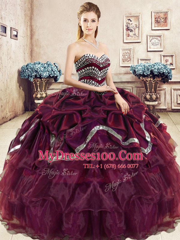 Excellent Floor Length Burgundy and Purple Quinceanera Dresses Organza Sleeveless Beading and Ruffled Layers and Pick Ups