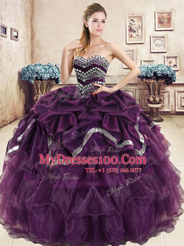 Excellent Floor Length Burgundy and Purple Quinceanera Dresses Organza Sleeveless Beading and Ruffled Layers and Pick Ups