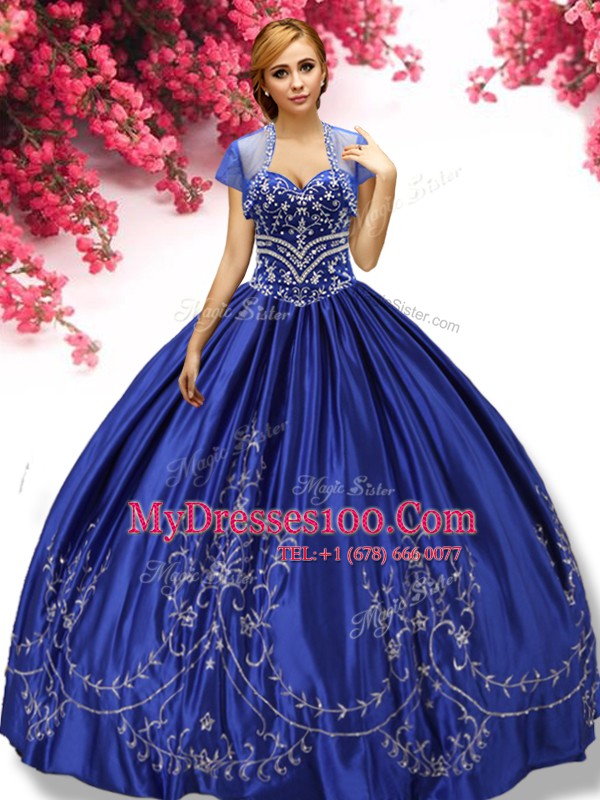 Royal Blue Taffeta Lace Up Quinceanera Gowns Sleeveless Floor Length Embroidery