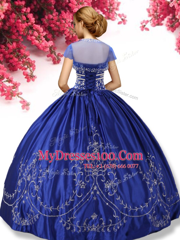 Royal Blue Taffeta Lace Up Quinceanera Gowns Sleeveless Floor Length Embroidery